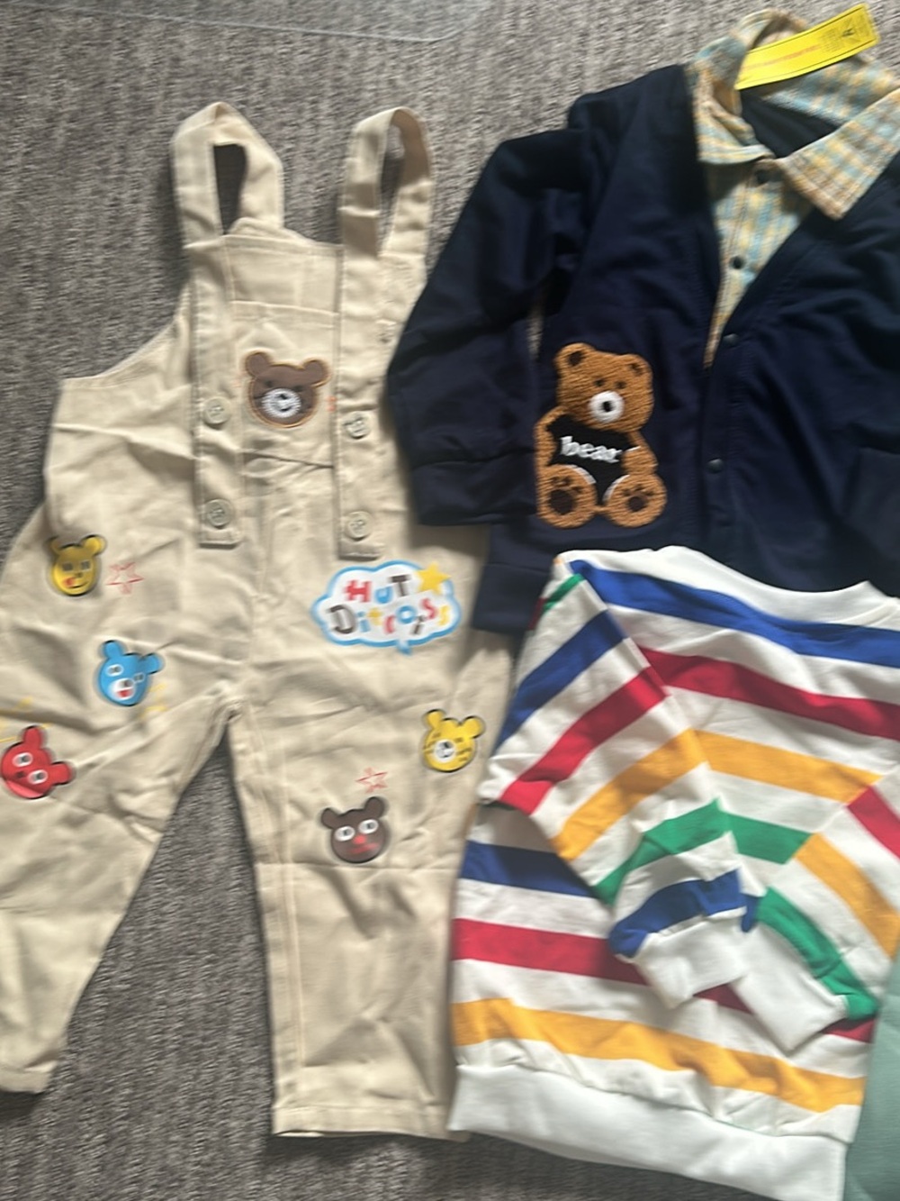 Kids Bear Applique Overalls & Striped Sweater Set - Navy, Beige, Multicolor